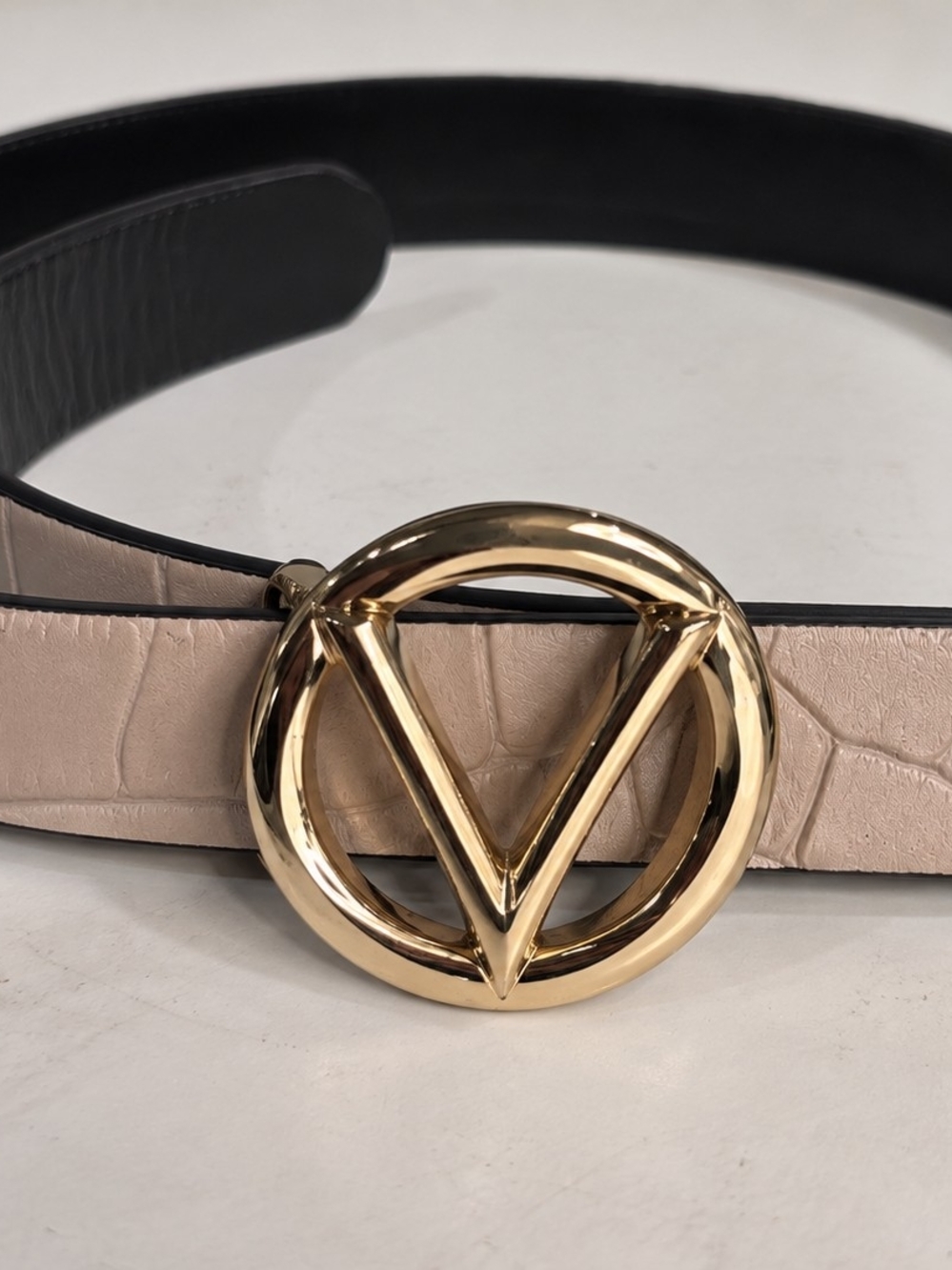 Valentino Beige Croc-Embossed Belt with Gold V Buckle